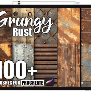 May include: A tablet screen displaying a digital art product. The image shows a collage of rusty metal textures with the words "Grungy Rust" and "100+ Brushes for Procreate" in white. The Procreate app logo is in the bottom right corner.
