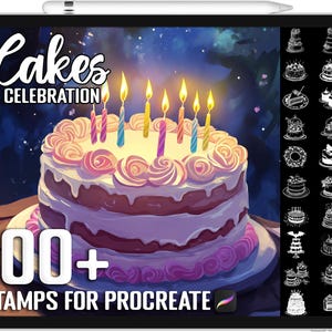 May include: A digital illustration of a birthday cake with lit candles and the text "Cakes Celebration" above it. The image is on a tablet screen with a stylus next to it. The screen also shows a grid of 100+ cake-themed stamps for Procreate.
