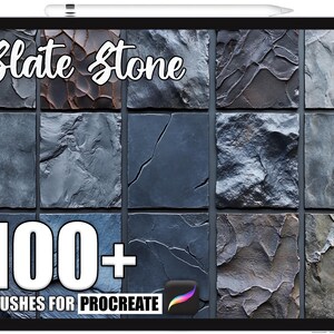 Può includere: Un tablet digitale mostra una griglia di texture di pietra lavagna. Il testo "Slate Stone" è in alto, con "100+ BRUSHES FOR PROCREATE" in basso. Il logo dell'app Procreate è in basso a destra. Uno stilo è in alto.