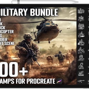 May include: A digital illustration of a military bundle for Procreate. The image shows a helicopter flying over a battlefield with soldiers. The bundle includes over 100 stamps of military-themed items, including guns, tanks, trucks, helicopters, flags, soldiers, and fight scenes.
