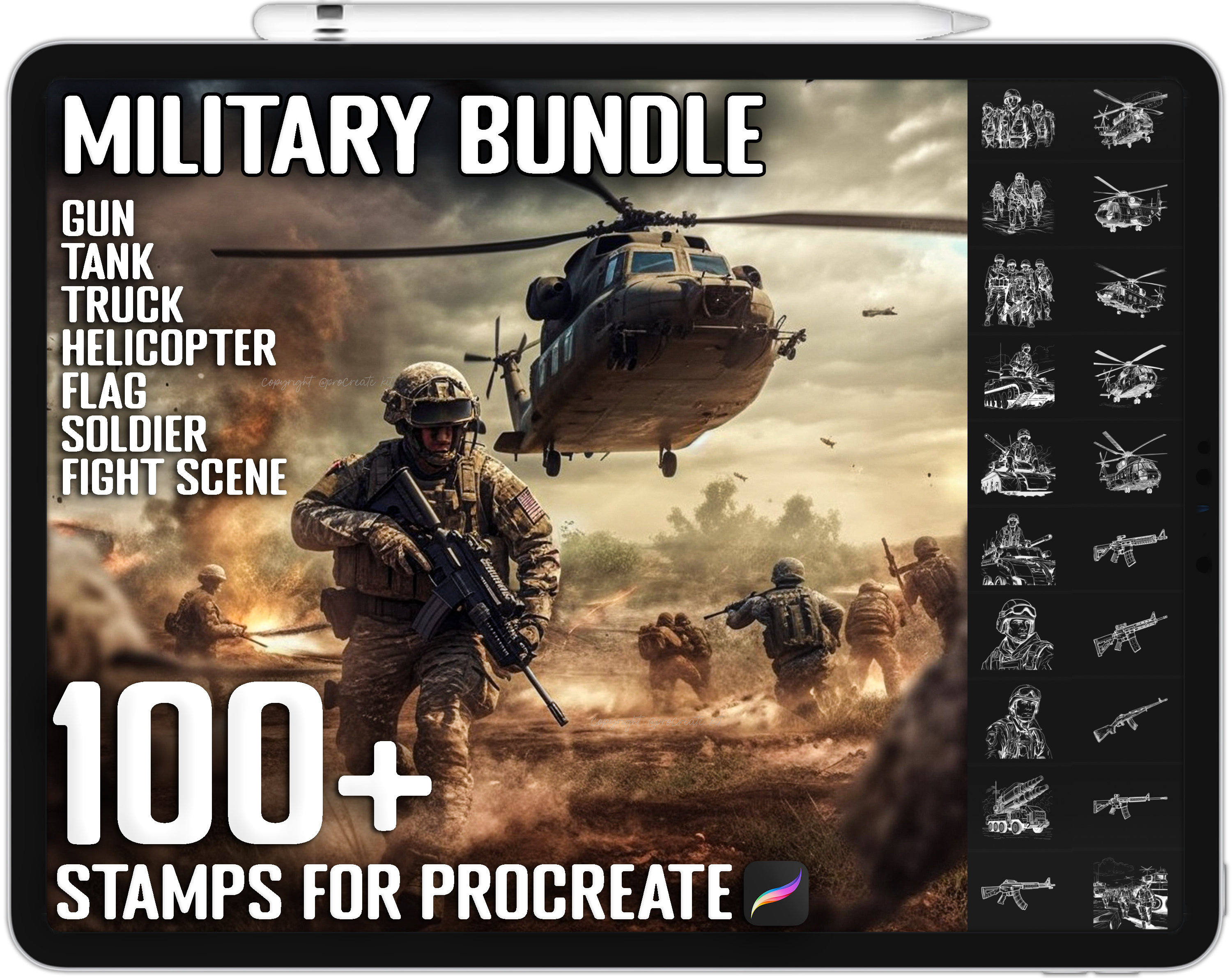 100+ Procreate Military Stamp Bundle, Military Brushes for Procreate, Tank, Guns, Soldiers, Helicopter,  Instant Digital Download