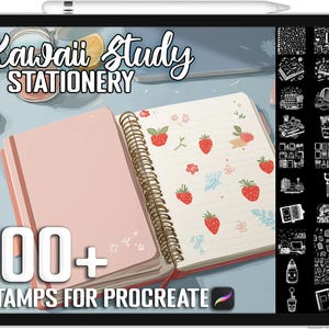 May include: A digital tablet displays a pink notebook with strawberry illustrations and the text "Kawaii Study STATIONERY". The screen also shows 100+ stamps for Procreate, with various icons and a stylus.