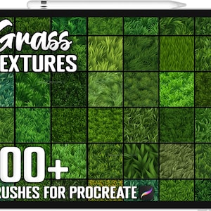 Puede incluir: Una tableta digital que muestra una colección de más de 100 texturas de hierba para usar con la aplicación Procreate. La imagen muestra una cuadrícula de 36 texturas de hierba verdes diferentes.