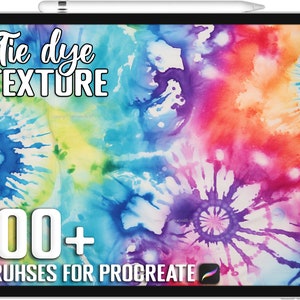 May include: A digital illustration of a tie-dye pattern in shades of blue, pink, yellow, and purple. The text "Tie dye TEXTURE" is at the top of the image. The text "100+ BRUSHES FOR PROCREATE" is at the bottom of the image.