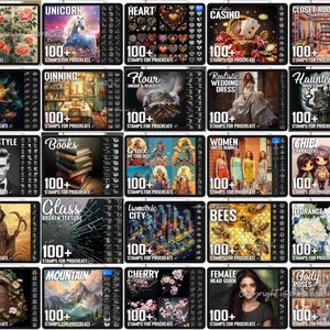Pu&ograve; includere: Una collezione digitale di 20 set di timbri Procreate con temi diversi tra cui fiori, creature mitiche, cuori, elementi da casin&ograve;, interni, pesci, cibo, abiti da sposa, case infestate, acconciature, libri, mitologia, moda e personaggi.