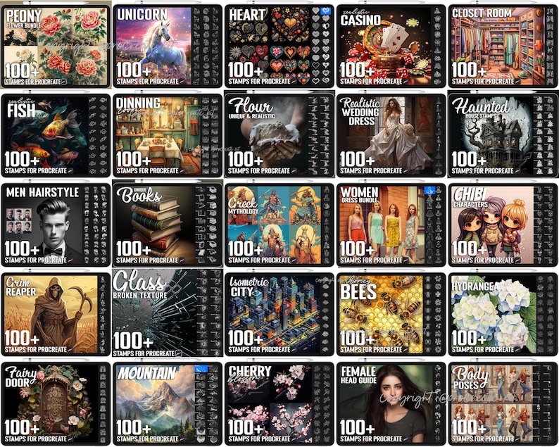 Pu&ograve; includere: Una collezione digitale di 20 set di timbri Procreate con temi diversi tra cui fiori, creature mitiche, cuori, elementi da casin&ograve;, interni, pesci, cibo, abiti da sposa, case infestate, acconciature, libri, mitologia, moda e personaggi.