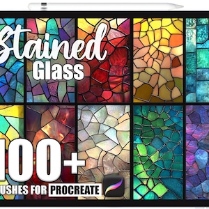 May include: A digital tablet displays a collection of stained glass designs. The text "Stained Glass" is at the top, with "100+ BRUSHES FOR PROCREATE" at the bottom. The designs feature various colors, including blue, red, yellow, and green.