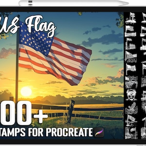 May include: A digital illustration of an American flag waving in the wind against a sunset backdrop. The text "US Flag" and "100+ Stamps for Procreate" are displayed on the image.