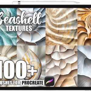 May include: A digital tablet displays a collection of seashell textures. The text "Seashell Textures" is at the top, with "100+ Brushes for Procreate" below. The image showcases various shell patterns in shades of blue, white, and brown.