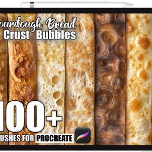 Może przedstawiać: Produkt sztuki cyfrowej wyświetlany na tablecie, prezentujący różne tekstury skórki chleba na zakwasie. Obraz zawiera tekst "Sourdough Bread Crust Bubbles" i "100+ Brushes for Procreate", z logo aplikacji Procreate.