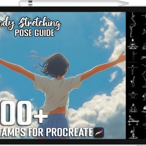 Op de afbeelding: Een digitale illustratie van een vrouw met haar armen uitgestrekt tegen een blauwe lucht met witte wolken. De tekst "body stretching POSE GUIDE" staat bovenaan de afbeelding. De tekst "100+ STAMPS FOR PROCREATE" staat onderaan de afbeelding. De afbeelding bevindt zich op een tabletscherm met een witte stylus.
