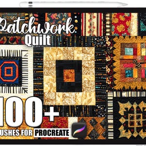 Peut inclure: Une tablette affiche des motifs de patchwork colorés. Le texte "Patchwork Quilt" est en haut, avec "100+ BRUSHES FOR PROCREATE" en bas. Le logo de l'application Procreate est en bas à droite.
