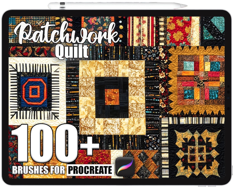 May include: A tablet screen displaying a digital art collection of patchwork quilt designs. The words "Patchwork Quilt" are at the top, with "100+ BRUSHES FOR PROCREATE" at the bottom. The Procreate app logo is in the lower right corner.