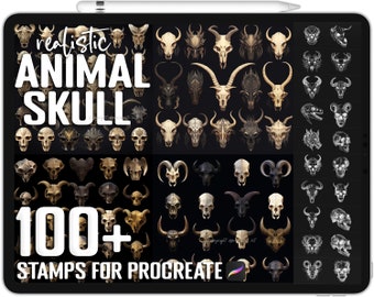 May include: A digital tablet screen displaying a collection of 100+ realistic animal skull stamps for Procreate. The stamps are arranged in rows and columns, with a variety of animal skulls, including deer, wolf, bear, and bull. The text "realistic ANIMAL SKULL 100+ STAMPS FOR PROCREATE" is displayed at the top of the screen.
