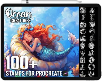 100+ Procreate Fantasy Ocean Creatures Scene Briefmarken, realistische Pinsel für Procreate, sofortiger digitaler Download