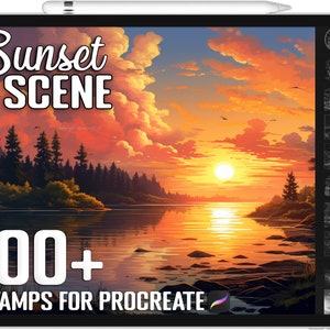 May include: A digital illustration of a sunset scene with a lake, trees, and a bright orange sun. The text "Sunset SCENE" is at the top of the image. The text "100+ STAMPS FOR PROCREATE" is at the bottom of the image.