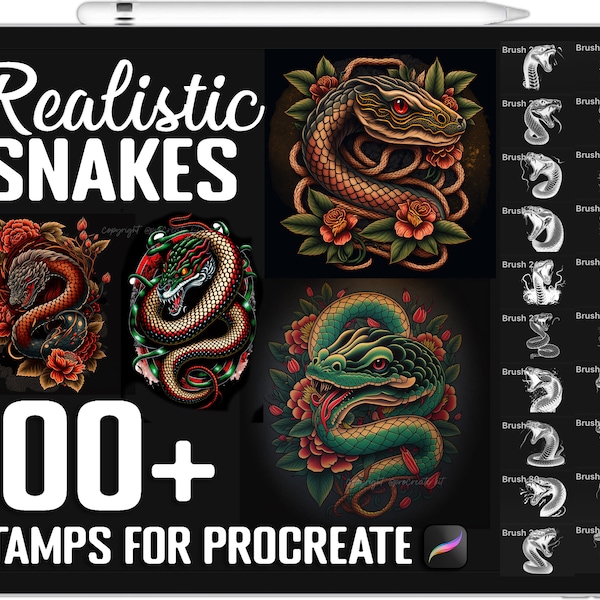 Más de 100 sellos de serpiente Procreate, pinceles de tatuaje de serpiente para Procreate, descarga digital instantánea