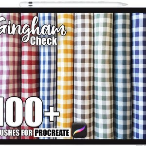 May include: A digital tablet displays a variety of colorful gingham check patterns. The text "Gingham Check" is at the top, with "100+ BRUSHES FOR PROCREATE" at the bottom. The color palette includes orange, red, blue, yellow, and green.