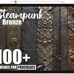 Op de afbeelding: Een digitaal kunstproduct weergegeven op een tablet, met een verzameling steampunk bronzen penselen voor Procreate. De afbeelding toont verschillende texturen en ontwerpen, waaronder klinknagels, sierpanelen en de tekst "Steampunk Bronze" en "100+ Brushes for Procreate."