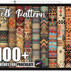 Könnte beinhalten: Ein digitales Tablet zeigt eine Sammlung von Folk-Pattern-Pinseln für Procreate. Das Bild zeigt verschiedene farbenfrohe, gemusterte Designs in Orange-, Blau-, Rot- und Brauntönen. Auf dem Bildschirm steht "Folk Pattern" und "100+ Brushes for Procreate."