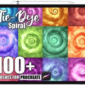 May include: A digital tablet shows a grid of vibrant tie-dye spiral patterns. The words "Tie-Dye Spiral" are at the top, with "100+ BRUSHES FOR PROCREATE" at the bottom. A stylus is positioned at the top of the tablet.