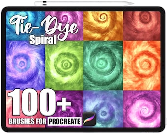 Op de afbeelding: Een digitale tablet toont een verzameling kleurrijke tie-dye spiraalontwerpen. De tekst "Tie-Dye Spiral" staat bovenaan, met "100+ BRUSHES FOR PROCREATE" onderaan. Een stylus ligt bovenop de tablet.