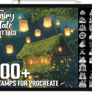 May include: A digital illustration of a cottage with a green roof and glowing windows. The cottage is surrounded by trees and glowing lights. The text "Fairy Tale Cottage" and "100+ Stamps for Procreate" are visible. The image is a digital download of 100+ stamps for the Procreate app.