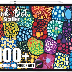 May include: A digital tablet shows a vibrant pattern of dot clusters in red, yellow, blue, green, and purple. The text "Ink Dot Scatter" is at the top, with "100+ BRUSHES FOR PROCREATE" at the bottom. A stylus is at the top.