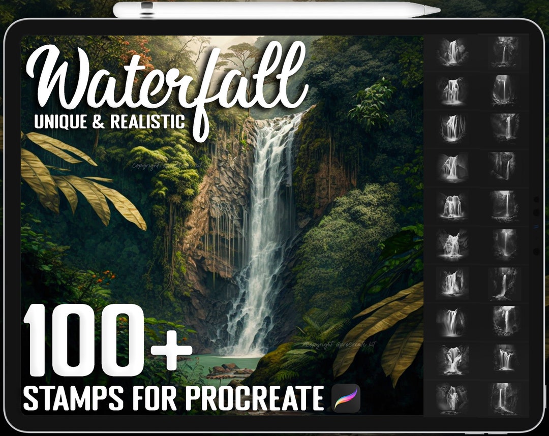 100 Procreate Realistic Waterfall Stamps, Waterfall Brushes for