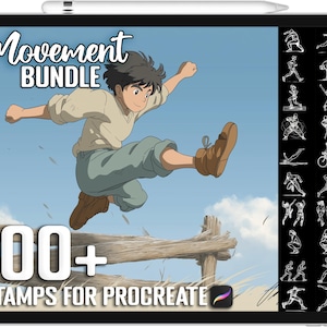 Może przedstawiać: Cyfrowy tablet wyświetla grafikę "Movement Bundle" z postacią z kreskówki skaczącą nad drewnianym płotem. Ekran pokazuje ponad 100 stempli dla Procreate, z różnymi pozami akcji. Tło to błękitne niebo.