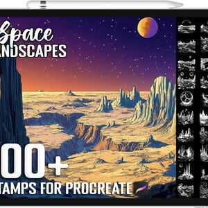 May include: A digital illustration of a space landscape with a red moon and stars. The text "Space Landscapes" and "100+ Stamps for Procreate" is displayed on the image.