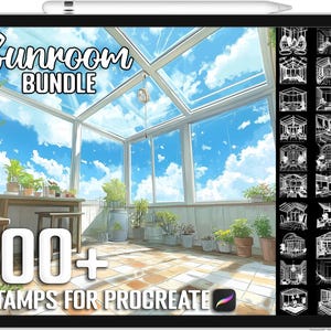 May include: A digital illustration of a sunroom with a glass roof and windows. The image includes 100+ stamps for Procreate, a digital art app. The stamps are in black and white and depict various sunroom elements, such as windows, doors, furniture, and plants.