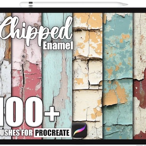 May include: A digital tablet displays a collection of textured, colorful brushstrokes. The words "Chipped Enamel" are at the top, with "100+ Brushes for Procreate" at the bottom. The color palette includes white, pink, blue, and beige.