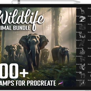 100 種類以上の Procreate 野生動物スタンプ、Procreate 用野生動物ブラシ、即時デジタルダウンロード