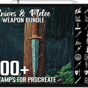 Puede incluir: Paquete de arte digital para Procreate con cuchillos y armas cuerpo a cuerpo. La imagen muestra una daga con mango marrón y hoja plateada, montada en un poste de madera. El texto dice "Knives & Melee Weapon Bundle" y "100+ Stamps for Procreate."