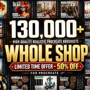 May include: A digital collection of 130,000+ high quality realistic Procreate brushsets featuring various themes like cartoon eyes, day of the dead, living rooms, man poses, cafe interiors, modern houses, wildlife, family bundles, buildings, and more.