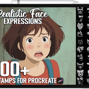 May include: A digital tablet shows a cartoon girl with a shocked expression. Text reads "Realistic Face Expressions" and "100+ Stamps for Procreate". A series of black and white face sketches are on the right side of the screen.