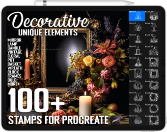 100+ Procreate Decorative Elements (Lamp, Candles, Frames, Bulbs, Pot, Baskets etc) Brushes for Procreate, Instant Digital Download