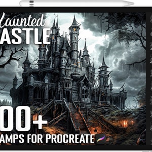 May include: Digital illustration of a haunted castle with the text "Haunted Castle" and "100+ Stamps for Procreate". The castle is dark gray with tall spires, set against a stormy sky. A digital art set for Procreate.