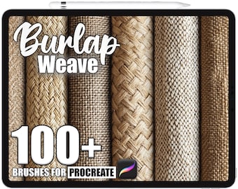 May include: A digital tablet displays a variety of burlap weave textures. The text "Burlap Weave" is at the top, with "100+ Brushes for Procreate" at the bottom. The textures range in color from light tan to dark brown.