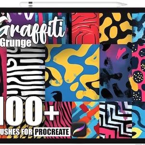 Può includere: Un tablet digitale mostra una collezione di pennellate in stile graffiti. Le parole "Graffiti Grunge" sono in alto, con "100+ Brushes for Procreate" in basso. La tavolozza dei colori include rosso, giallo, blu, nero e rosa.