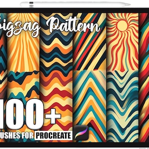 May include: A digital tablet shows a selection of colourful zigzag pattern brushes for Procreate. The text "Zigzag Pattern" is at the top, with "100+ Brushes for Procreate" at the bottom. The patterns feature retro designs in shades of orange, yellow, blue, and red.