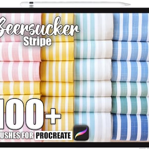 Könnte beinhalten: Ein digitales Tablet zeigt gestapelte Seersucker-Streifenmuster in Rosa, Gelb, Blau und Grün. Der Text lautet "Seersucker Stripe" und "100+ Brushes for Procreate."