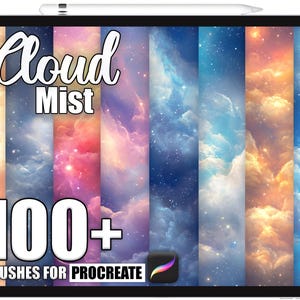 Puede incluir: Una tableta digital muestra una colección de pinceles de arte digital con temas de nubes y niebla. El texto "Cloud Mist" está en la parte superior, con "100+ BRUSHES FOR PROCREATE" en la parte inferior. La paleta de colores incluye azules, rosas, naranjas y morados.