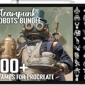 Puede incluir: Ilustración digital en una tableta de un mayordomo robot steampunk sosteniendo una bandeja con tazas de té y una tetera. El texto dice "Steampunk Robots Bundle" y "100+ Stamps for Procreate". Una colección de sellos de robots y animales está a la derecha.