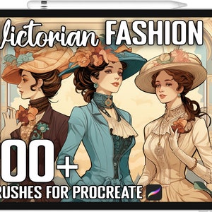 Può includere: Un'illustrazione digitale di tre donne in abiti d'epoca vittoriana. Le donne indossano cappelli, abiti e guanti. L'immagine è un'illustrazione digitale di un prodotto per Procreate, un'app di arte digitale. Il testo sull'immagine recita "Victorian FASHION 100+ BRUSHES FOR PROCREATE".