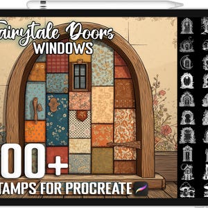 Puede incluir: Ilustración de arte digital en una tableta con un diseño de puerta caprichoso con un patrón de patchwork. Se muestra el texto "Fairytale Doors WINDOWS" y "100+ STAMPS FOR PROCREATE". A la derecha se muestra una selección de sellos de puertas y ventanas.