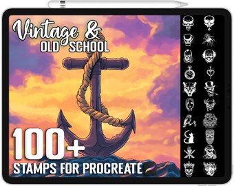 100+ Procreate Vintage & Old School Stempel, Pinsel für Procreate, sofortiger digitaler Download