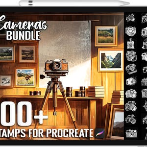 May include: A digital illustration of a tablet screen showing a set of 100+ camera stamps for Procreate. The image features a vintage camera on a tripod, a wooden shelf with books, and a variety of framed photos. The text "Cameras Bundle" and "100+ Stamps for Procreate" are visible on the screen.