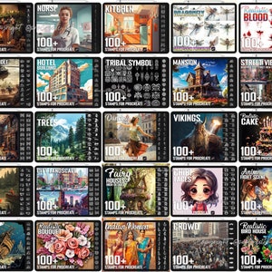 Pu&ograve; includere: Una collezione digitale di 25 set di timbri per Procreate, ognuno contenente oltre 100 pennelli individuali. La griglia mostra vari temi tra cui Natale, militare, architettura, natura, fantasy e anime, con etichette di testo per ogni set.
